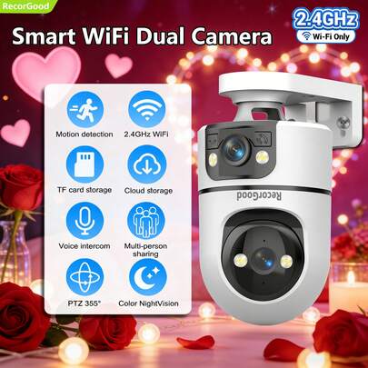 1pc [Indoor WIFI Pet Training Monitor] Dual-Lens WIFI Security Camera, 1080P 2.4GHz Wireless IP Surveillance System, Supports AI Human Tracking, Full-Color Night Vision, Two-Way Audio, Pan-Tilt, APP Control, USB Powered, Suitable For Home, Yard, Balcony, Home Security Monitoring, Great Gift Choice For Halloween, Christmas, New Year