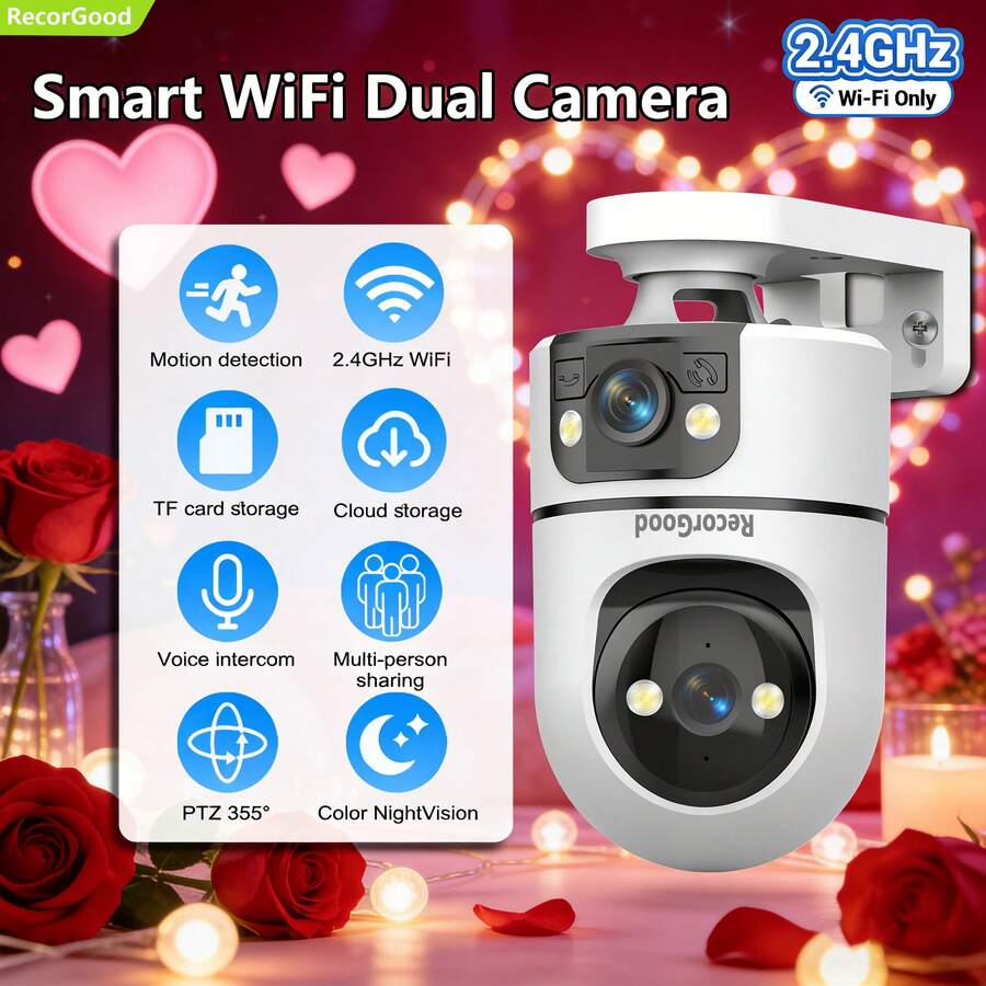 1pc [Indoor WIFI Pet Training Monitor] Dual-Lens WIFI Security Camera, 1080P 2.4GHz Wireless IP Surveillance System, Supports AI Human Tracking, Full-Color Night Vision, Two-Way Audio, Pan-Tilt, APP Control, USB Powered, Suitable For Home, Yard, Balcony, Home Security Monitoring, Great Gift Choice For Halloween, Christmas, New Year
