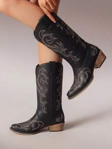 Women's Cowboy Western Boots Mid Calf Cowgirl Boots Square Toe Chunky Heel Embroidery Stitched  For Party Music Festival Party - 黑色 - 查看 1
