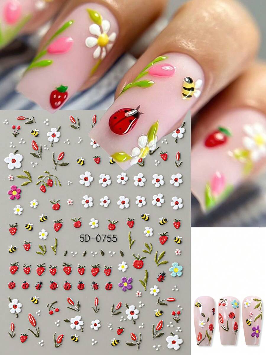 1pc 5D Embossed Floral, Bee, Ladybug, White Flower, Red Fruit Pattern Self-Adhesive Spring Nail Art Stickers, Nail Decor For Women