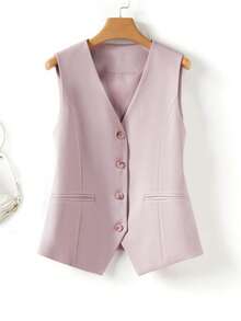 Áo tank top không tay cổ chữ V dành cho nữ, thiết kế cài nút - Thời trang & Đa năng, túi giả, chất vải cao cấp - Món đồ thiết yếu trong tủ quần áo sành điệu - Màu tím hoa cà - Xem 1