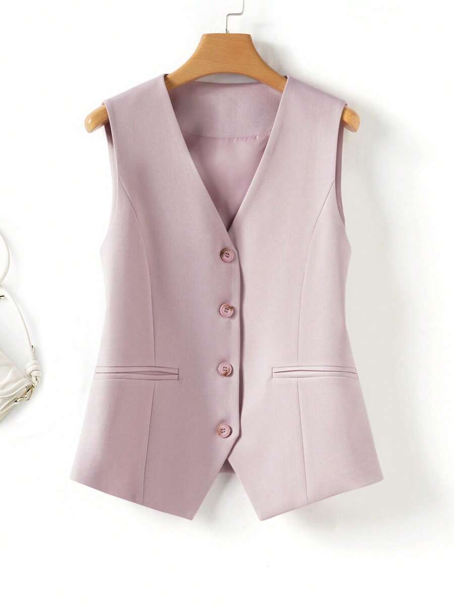 Áo tank top không tay cổ chữ V dành cho nữ, thiết kế cài nút - Thời trang & Đa năng, túi giả, chất vải cao cấp - Món đồ thiết yếu trong tủ quần áo sành điệu - Màu tím hoa cà - Xem 1