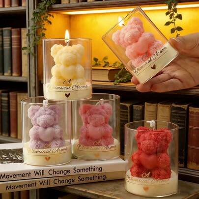 1pc Cute Bear Heart Shaped Candle, Adorable Bear Birthday Gift, Home Decor Candle Holder, Ideal For Valentine's Day, Mother's Day, Indoor Decoration, Graduation Gift, And Gifts For Women