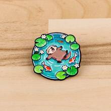 池塘风景水獭鸭珐琅胸针可爱卡通动物青蛙水豚猫胸针翻领别针徽章背包服装配饰时尚珠宝礼品 - 綠色 - 查看 4