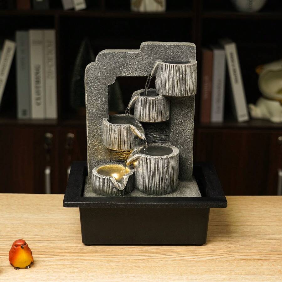 Five-Tier Waterfall Desktop Fountain Ornament, Bringing Good Fortune And Wealth From All Directions With Flowing Water, LED-Lit Indoor Decor. Ideal For Cozy Bedrooms, Living Rooms, Study Rooms, Entryways, Bars, Lounges, Hotel Front Desks, Offices, Or Meditation Spaces. Modern Minimalist Design, Creative Halloween/Christmas Gifts, Mother's Day/Valentine's Day/Children's Day/Easter Presents, Perfect For Housewarming Or Business Opening Gifts
