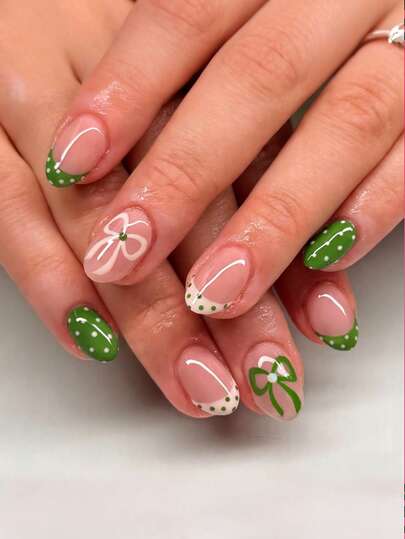 24pcs Short Oval French Press On Nails, Bow Polka Dot White French Tips Nail Green Short Nails Full Cover Glossy False Nails Set, Include: 1pc Jelly Glue And 1pc Nail File, Easy To Wear Daily Fake Nails & French Tip Nails Press On Art For Women And Girls Daily Life