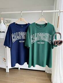 Plus Letter Graphic Drop Shoulder Tee California Plus Size-Shirt PurpleUnisex Casual-ShirtsCasual Short-Sleeve-Shirts Men And Women - 墨綠色 - 查看 4
