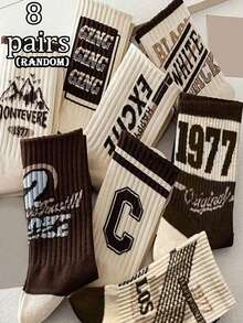 1/5/8 双装（随机发货）男女通用卡其色条纹字母图案中筒袜，舒适百搭休闲装 - 彩色 - 查看 8