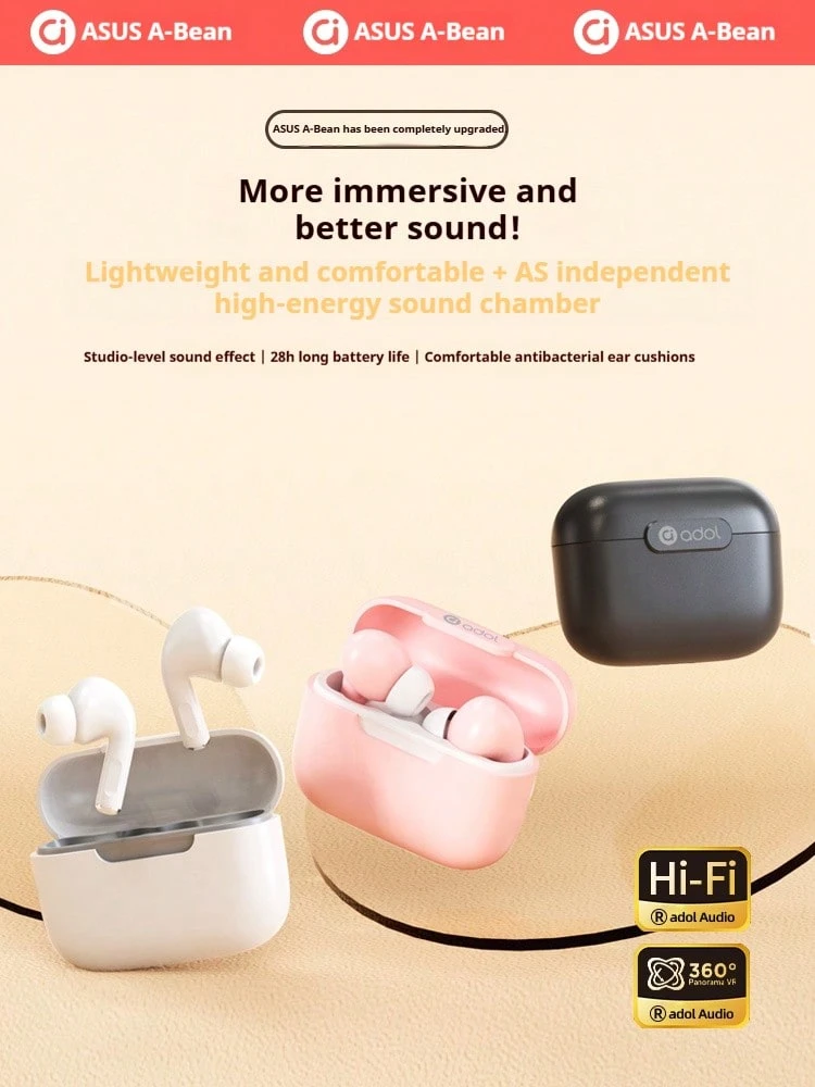 ASUS adol AS-R01 True Wireless Earbuds, Bluetooth 5.3, 360° Spatial Audio with AS Independent Sound Chamber, 28H Long Battery Life, 0.07s Low Latency Gaming Mode, Transparency Mode – Black/White