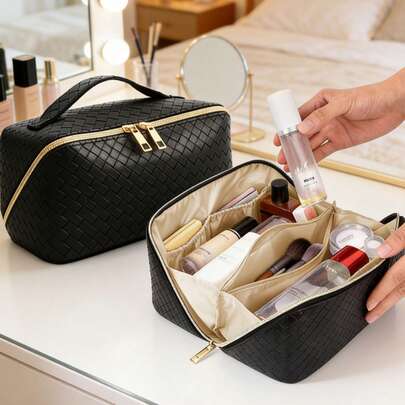 1pc Multi-Functional Travel Organizer Bag, PU Leather Waterproof Cosmetic Bag, Large Capacity Double-Layer Makeup Bag, Toiletry Bag, Travel & Home Makeup Organizer, Makeup Storage Bag, Travel Accessories, Bag, Room Decor, Vanity, Cosmetic Bag, Storage Bag, Gift For Her, Christmas Gift, Creative Gift For Women