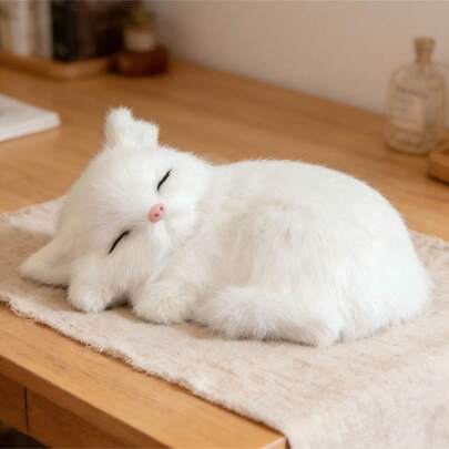 逼真睡姿毛绒猫玩偶，柔软蓬松的白色猫咪摆件，创意汽车/桌面装饰，送给女性的绝佳礼物，复活节彩蛋篮，精美小饰品，节日礼物