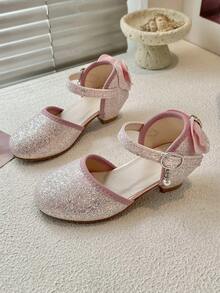 女童闪亮低跟凉鞋，蝴蝶结珍珠踝带闪亮派对鞋 - 粉色 - 查看 1