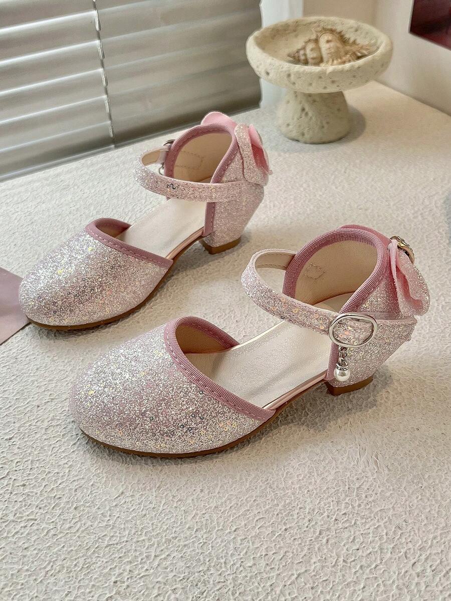 女童闪亮低跟凉鞋，蝴蝶结珍珠踝带闪亮派对鞋 - 粉色 - 查看 1