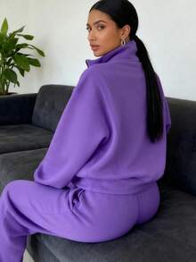 Women's Oversized Half Zip 2 Piece Tracksuit, High Neck Loose Fit Polar Fleece Sweatshirt & Wide Leg Pants Set, 2026 Early Spring New Arrival Cozy Loungewear, Casual Daily Light Outdoor Wear One Color Outfit    Vacation Outfits Women  (Local Warehouse Discounts.) | Two Piece Set Women | 2 Piece Sets Woman | Workout Sets Women | Women Two Piece Sets | Sets 2 Piece Women | Conjunto De Dos Piezas Mujer - 紫色 - 查看 2