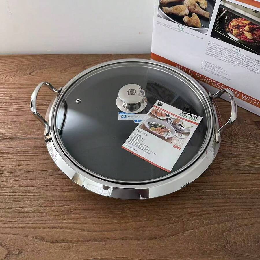 Chảo chống dính hai quai 30cm, thép không gỉ 18/10, chảo nướng/chiên, khay nướng BBQ, chảo làm bánh kếp gia đình, chảo chiên bít tết, chảo làm pizza, tương thích với bếp từ và bếp ga.