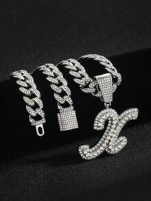 嘻哈风镶钻链，配定制草书字母吊坠，镀金项链，个性化首字母首饰 - 嘻哈字母項鍊 - 查看 7