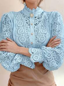 Women's Lace Floral Mandarin Collar Button-Up Hollow Blouse Spring - Light Blue - View 3