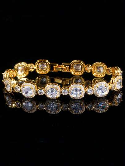 1 pieza Pulsera de tenis con circonita cúbica de corte cuadrado chapada en oro amarillo, accesorios de joyería de boda y novia, para damas de honor, fiesta de compromiso, baile de graduación, regalo para mujer, dama, novia, esposa, madre