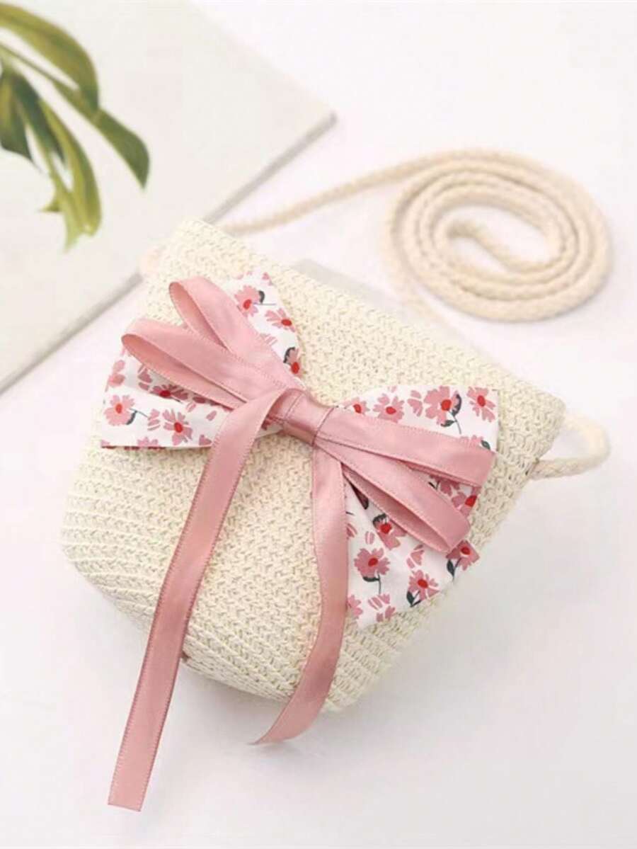 Spring Summer Girls Straw Woven Bag Cute One Shoulder Crossbody Bag Beach Straw Woven Bag - Floral Bow - View 1