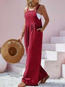 Women's Casual Solid Color Button Strap Wide Leg Jumpsuit, Spring/Summer Elegant - Burgundy - View 3