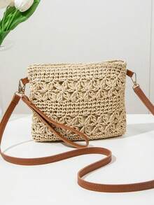 1 pieza Bolso de hombro cruzado de playa de verano tejido, bolso de paja para mujer - Marrón - Ver 2