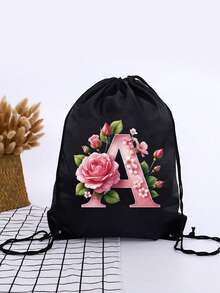1pc Summer New Floral & Letter Outdoor Sports Bag, Football Backpack, Basketball Backpack, Boys & Girls Sports Bag, Hiking Backpack, Large Capacity Lightweight Drawstring Bag - Black - View 7