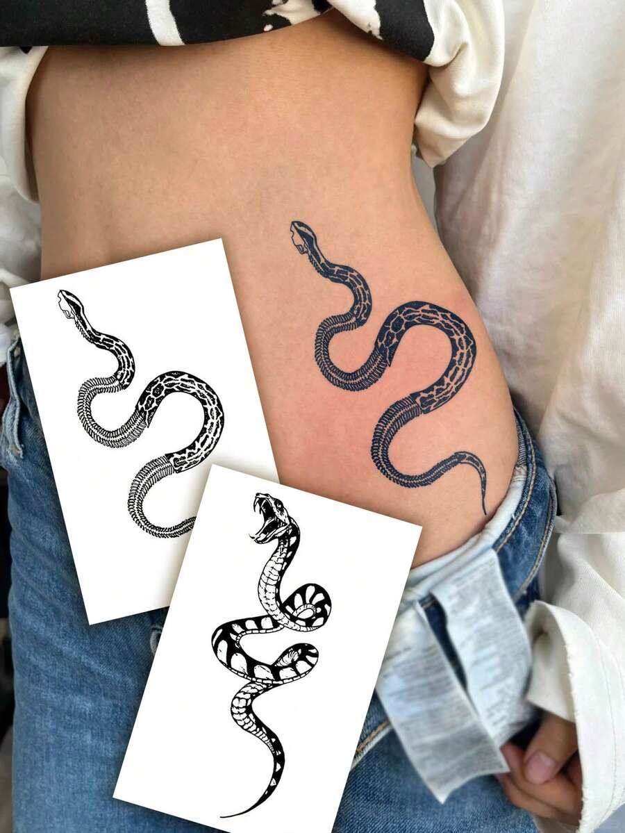 2pcs Herbal Juice Semi-Permanent Tattoos, Cool Coiled Snake Skeleton Patterns, Y2K Style, Suitable For Daily, Party, Festival, Gift - Body Art Temporary Tattoos For Arm, Waist, Leg, Shoulder, Neck, Collarbone - Blue - View 1