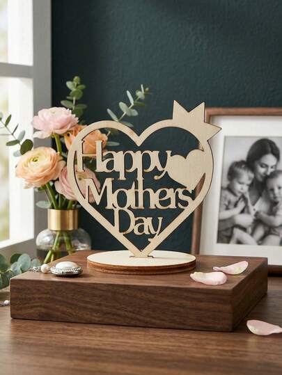 1件母亲节木质心形皇冠装饰品，镂空英文“母亲节快乐”字样设计，现代简约风格，适合节日庆祝，可作为母亲节礼物和家居桌面装饰品。