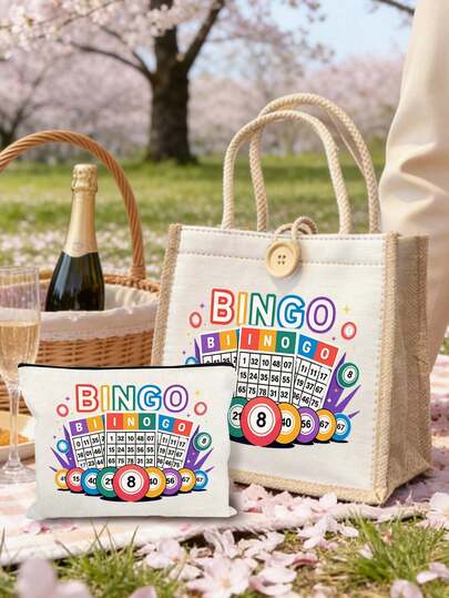 Set de 2 piezas "Bingo" con estampado de letras, que incluye bolso y cartera de mujer con boletos de lotería, bolso de gran capacidad y ligero, bolsa de compras de arpillera reutilizable, bolsa de maquillaje portátil para viajes, adecuado para amantes de la lotería, estudiantes, maestros, premios de juegos, regalos del Día de San Valentín, regalos de cumpleaños, regalos de fiesta, regalos de aniversario