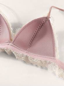 Maggie French Romantic Lace Lingerie, Pink & White Contrast Lace Wireless Triangle Cup Bra - Pink - View 8