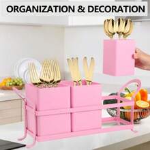 Organizador de cubiertos de metal 3 compartimentos para utensilios con estante de metal organizador de cubiertos para encimera fiesta picnic camping al aire última intervensión color - Rosa - Ver 4