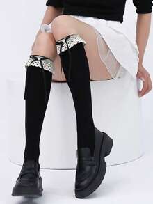 洛丽塔蕾丝边珍珠蝴蝶结女仆白色过膝长筒袜，可爱又长款 - 彩色 - 查看 10