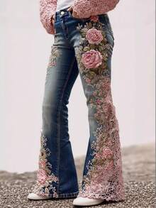 Digital Print Women's Trousers With Colorful Floral Pattern Imitation Jeans - ADFGRVV4 - 查看 6