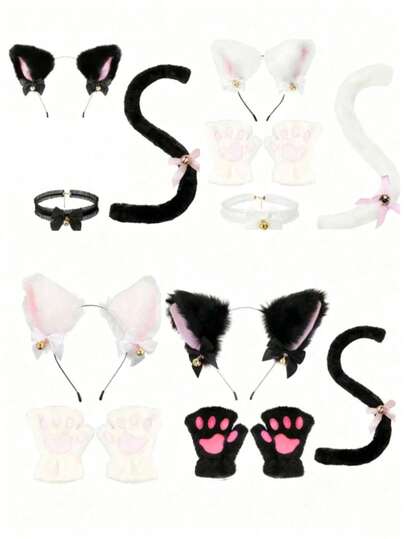 Cat Costume - 1/2/3/4-Piece Cat Ear And Tail Set, Including Collar, Paws And Gloves. Cat Costume Accessories For Role-Playing, Kitten Ears, Collar, Tail, Paws Or Female Girl Halloween Costume, Wedding Costume, Party Costume.