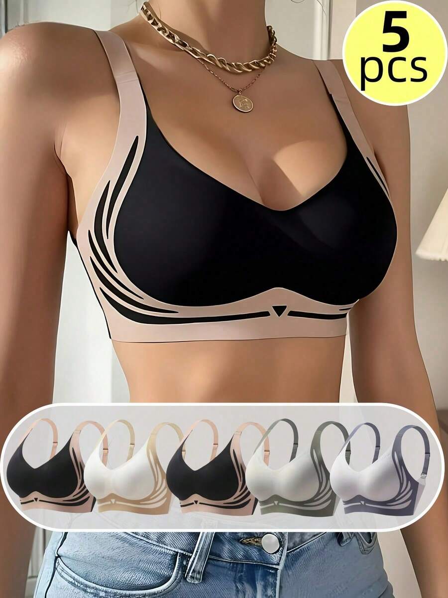 5-Pack Women's Seamless Wireless Bra-Comfortable, Thin Design, Full Coverage, Anti-Sagging Lifting, Color Collision Design, Ice Silk Nylon Cloth, Hand Wash Or Dry Cleaning, Smooth Silhouette, High Support, Elegant Neckline Style - Mixed Colors - View 1