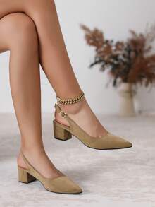 Women's Spring/Autumn New Rhinestone Decor Backless Low Heel Outdoor Fashion Shoes, Versatile Comfortable Suede Pointed Toe High Heels,Chunky Heels - Khaki - View 1