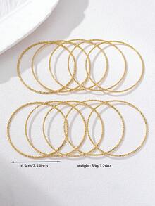 10pcs Set European And American Stylish Exaggerated Chic Geometric Round Hammered Texture Bangle Bracelet Set, Suitable For Daily Wear, Party, Gift - Yellow Gold - View 5