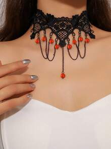 1pc Gothic Style Choker Necklace, Dark Tassel Chain, Lace Collar Necklace For Halloween Party - Multicolor - View 7