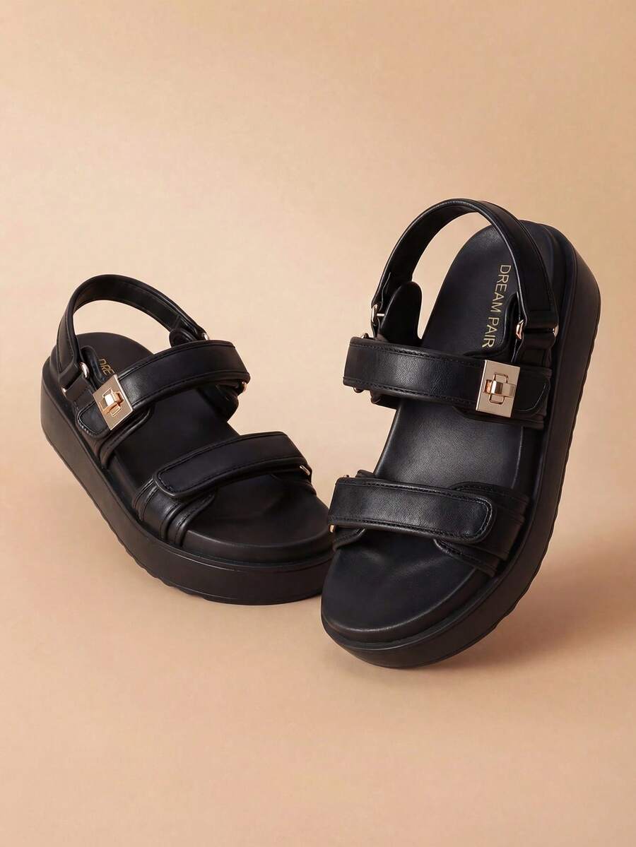 Women's 1.61-Inch Platform Wedge Sandals Arch Support Comfortable Open Toe Casual Dressy With Adjustable Straps PP Straw Shoe Upper For Beach Vocation Commuting Summer Black Shoes - BLACK/PU - View 1