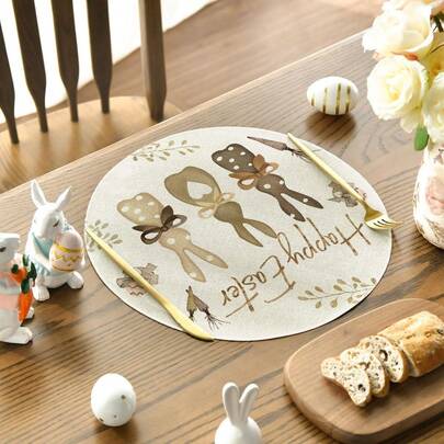 Easter Holiday Series Round Placemats, 1/4 Sets, Rabbit & Flower Decor, Polyester Placemats, Heat Insulation Mats, Kitchen Decor Table Mats, Western Dining Table Mats, Tabletop Decorations