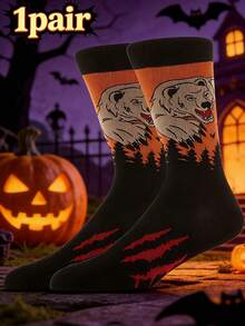 1 Pair Of Halloween-Themed Socks - Ferocious Bear & Forest Silhouette Pattern With "Spooky Night" Inspired Design, Creative Novelty Socks For Daily Casual Wear, Ideal Gift For Halloween Enthusiasts, Year-Round Fashion Leisure Socks - Multicolor - View 8