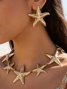 2pcs/Set Exaggerated Starfish Design Necklace And Earrings Jewelry Set, Unique European And American Style Choker Necklace And Earrings, Suitable For Beach Vacation And Party - Yellow Gold - View 3