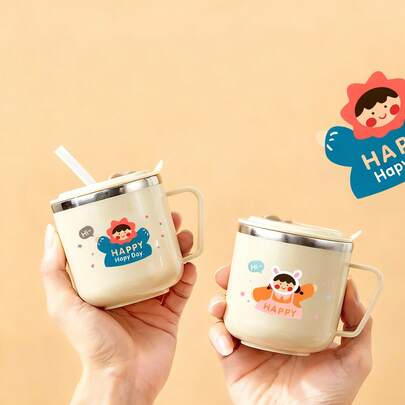 1 pieza Taza de leche mini linda de Capibara de 270ml, taza de agua con pajita y asa para niños, pajita sellada a prueba de fugas de acero inoxidable 316, taza térmica aislada de doble pared portátil para té, leche y café, taza para beber anti-escaldadura, adecuada para estudiantes y adultos en casa, escuela, oficina, fiesta, campamento, picnic