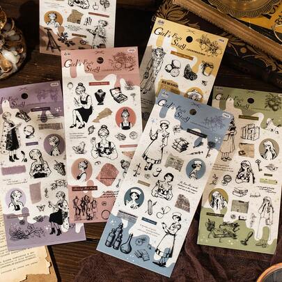 1 Sheet/Bag Sticker, Girl's Fruit Story Series, Vintage Line Black-And-White Character Stickers, Scrapbook Supplies And Notebook Accessories, Used For Decorating Cards, Photo Frames, Computers, Phone Cases, Water Cups, Trash Magazines, Pencil Cases, Suitcases, Desktop Decorative Stickers, Back-To-School Season Stickers, School Supplies