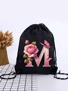1pc Summer New Floral & Letter Outdoor Sports Bag, Football Backpack, Basketball Backpack, Boys & Girls Sports Bag, Hiking Backpack, Large Capacity Lightweight Drawstring Bag - Black - View 9