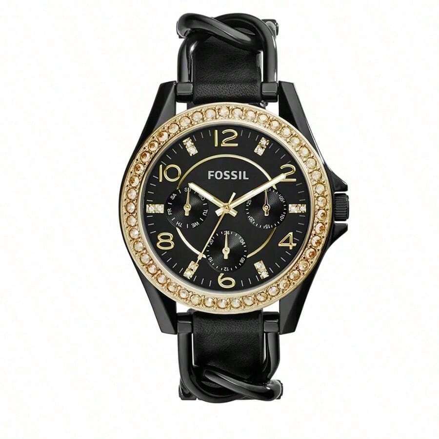 Fossil Lady Black Gold Quartz Watch, Diamond-Studded Bezel, Leather And Chain Strap, Elegant And Fashionable Ladies' Watch ES3696 - Black - View 1