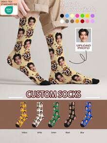 1 par de calcetines con patrón de cara personalizado, se pueden personalizar con foto, calcetines impresos personalizados, calcetines con cara divertida, se puede colocar cualquier imagen de cara en los calcetines, adecuado para aniversario, San Valentín, cumpleaños, boda, regalos del Día de la Madre - Multicolor - Ver 1