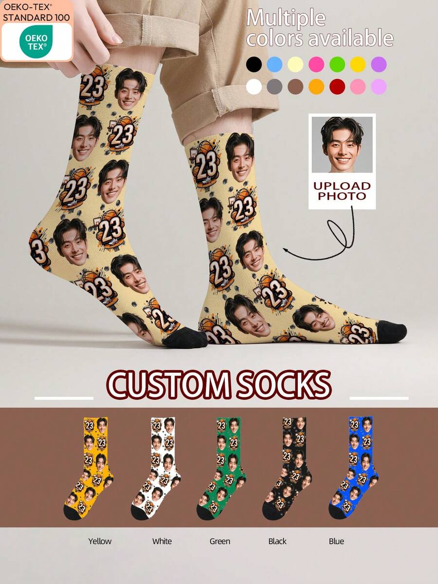1 par de calcetines con patrón de cara personalizado, se pueden personalizar con foto, calcetines impresos personalizados, calcetines con cara divertida, se puede colocar cualquier imagen de cara en los calcetines, adecuado para aniversario, San Valentín, cumpleaños, boda, regalos del Día de la Madre - Multicolor - Ver 1