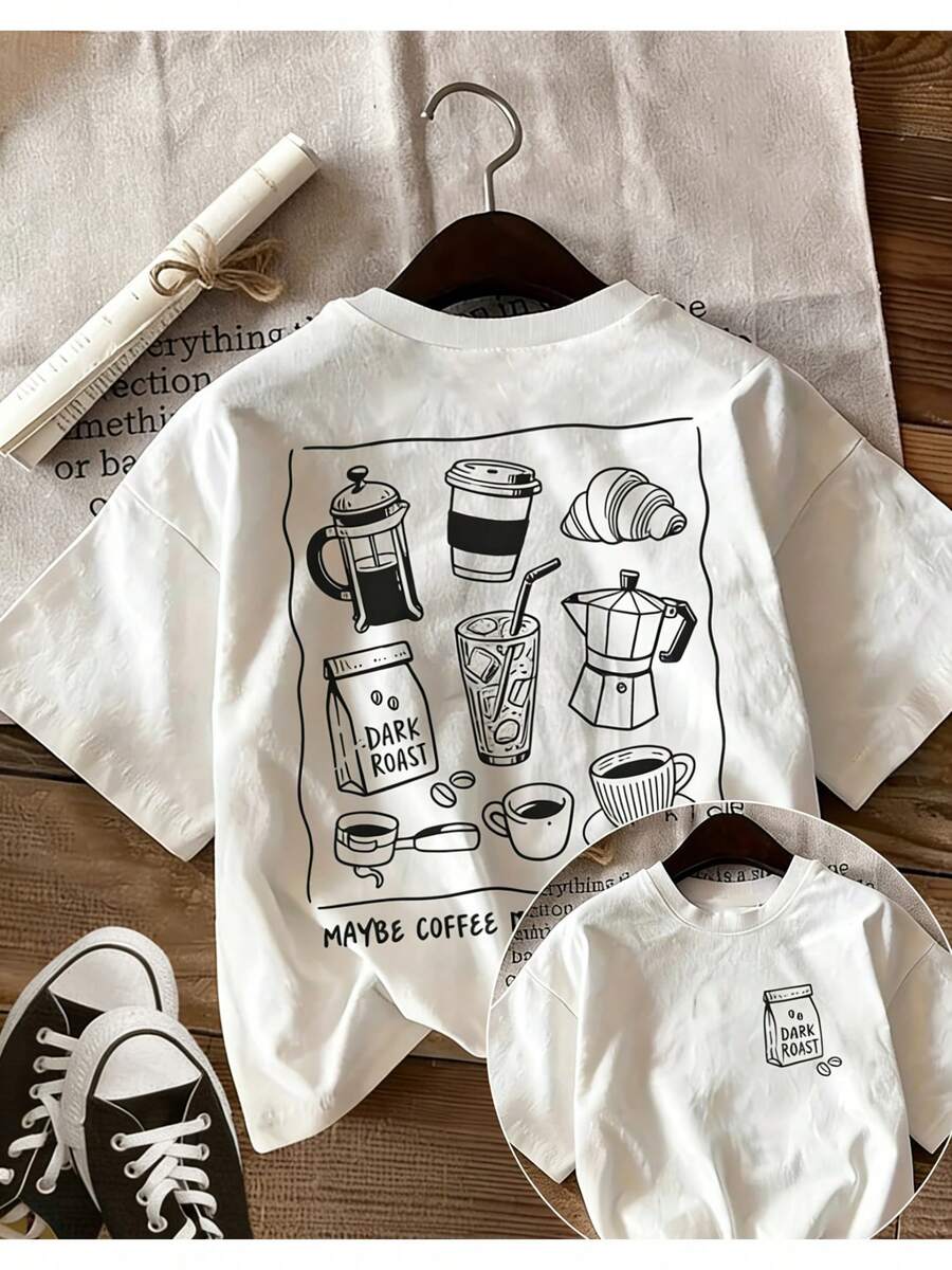 Simple Hand-Painted Women's T-Shirt With Coffee Print And Double-Sided Design, Loose Fit, Round Neck, Suitable For Everyday Use. - White - View 1