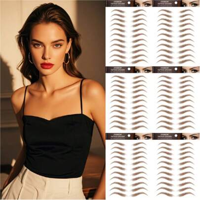 6张4D棕色毛发状防水眉毛纹身贴纸，可撕除，临时眉形修饰贴纸，拱形款式，共66对